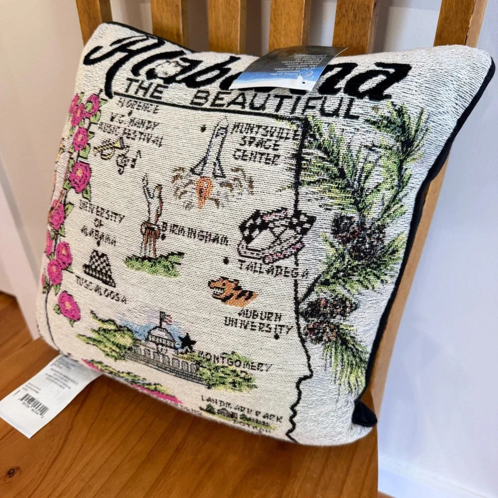 Alabama The Beautiful State Map Jacquard Woven Tapestry Pillow NWT Made in USA